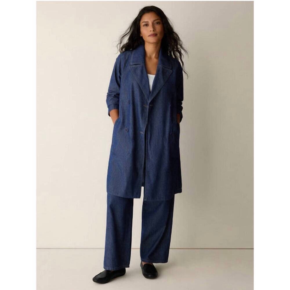 Eileen Fisher Denim Trench Coat SZ Large NWT Organic Cotton Double Breast Dkind